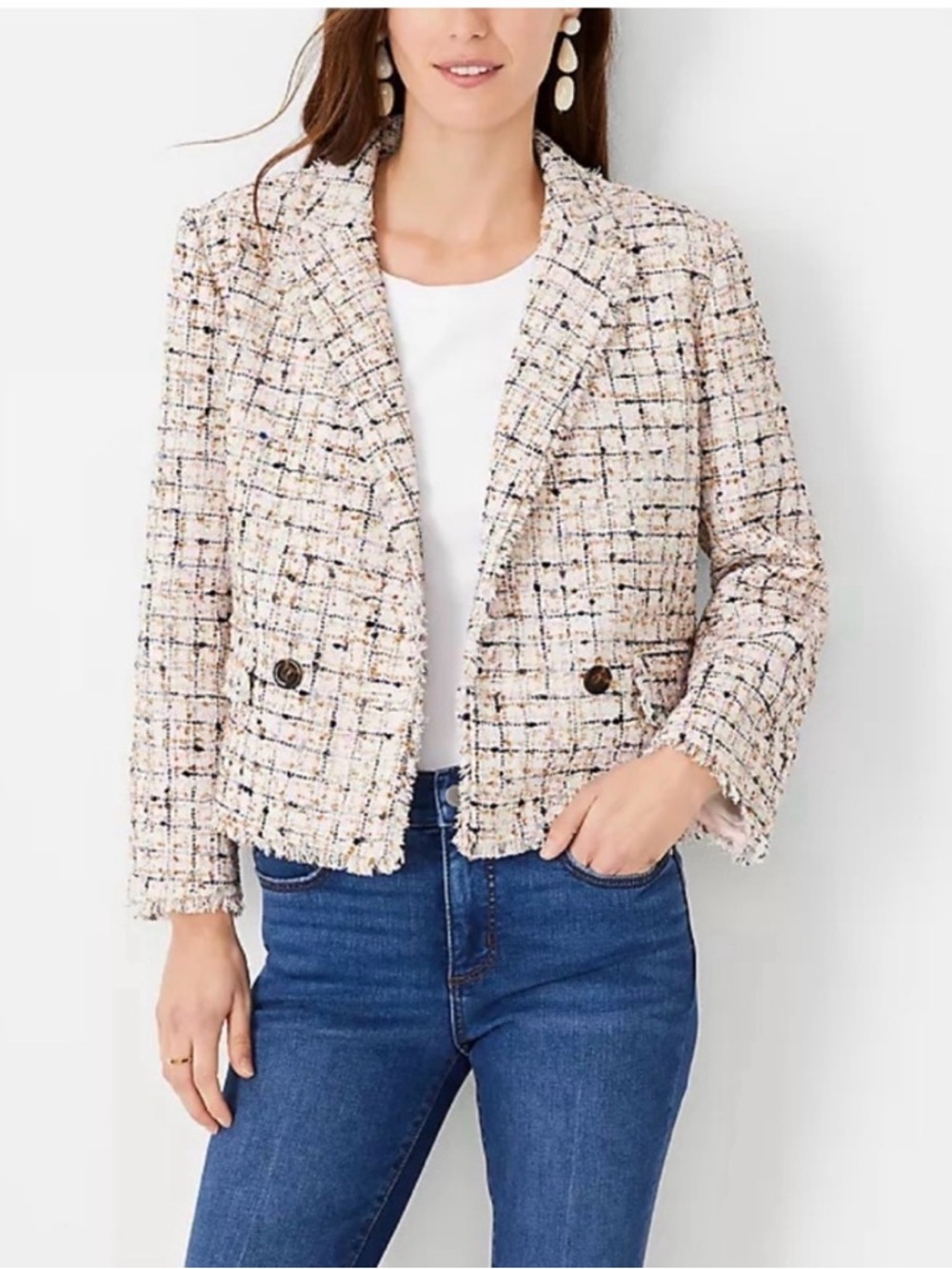 Ann Taylor Cream Bouclé Tweed Cropped Blazer with Multicolor Flecks